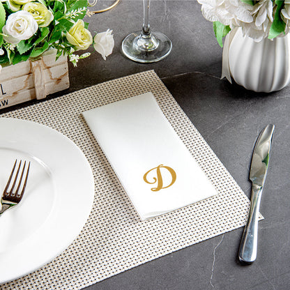 Luxenap Rectangle Gold Letter D White Paper Linen-Feel Guest Towel / Napkin - Air Laid, Cursive Font - 15 3/4" x 8" - 50 count box