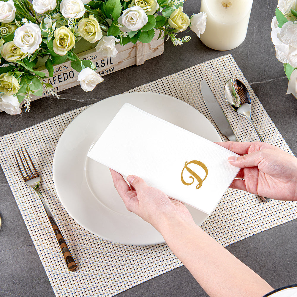Luxenap Rectangle Gold Letter D White Paper Linen-Feel Guest Towel / Napkin - Air Laid, Cursive Font - 15 3/4" x 8" - 50 count box