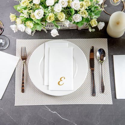 Luxenap Rectangle Gold Letter E White Paper Linen-Feel Guest Towel / Napkin - Air Laid, Cursive Font - 15 3/4" x 8" - 2000 count box