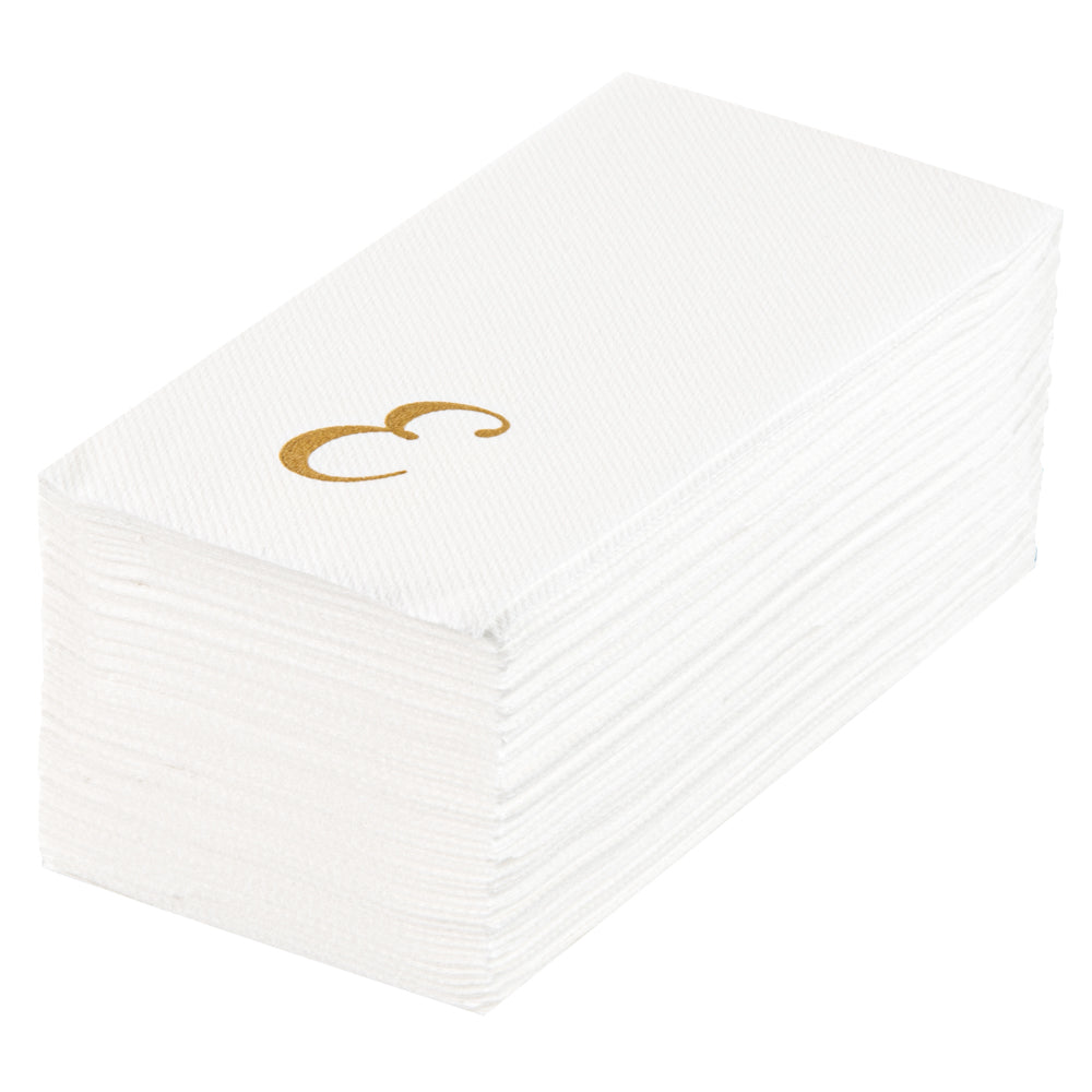 Luxenap Rectangle Gold Letter E White Paper Linen-Feel Guest Towel / Napkin - Air Laid, Cursive Font - 15 3/4" x 8" - 50 count box