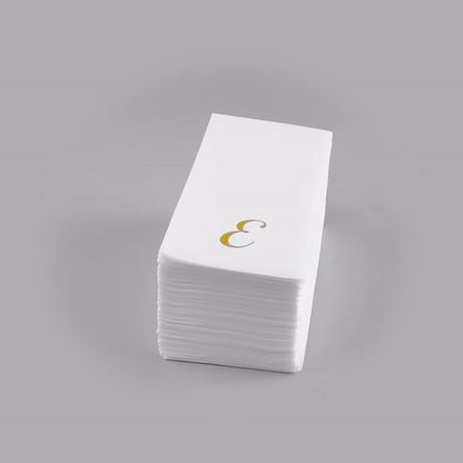 Luxenap Rectangle Gold Letter E White Paper Linen-Feel Guest Towel / Napkin - Air Laid, Cursive Font - 15 3/4" x 8" - 50 count box