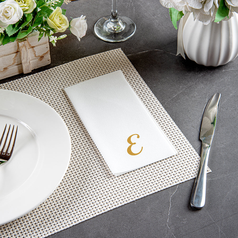 Luxenap Rectangle Gold Letter E White Paper Linen-Feel Guest Towel / Napkin - Air Laid, Cursive Font - 15 3/4" x 8" - 50 count box