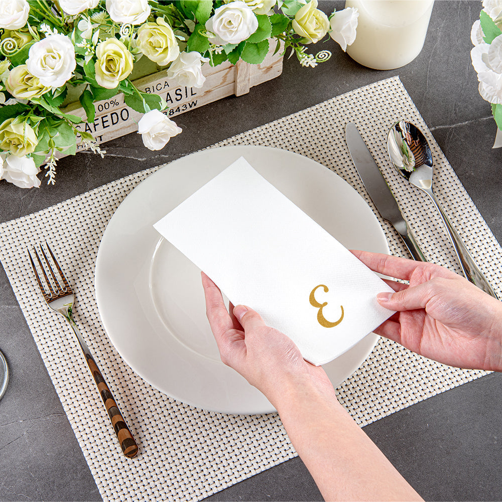 Luxenap Rectangle Gold Letter E White Paper Linen-Feel Guest Towel / Napkin - Air Laid, Cursive Font - 15 3/4" x 8" - 50 count box