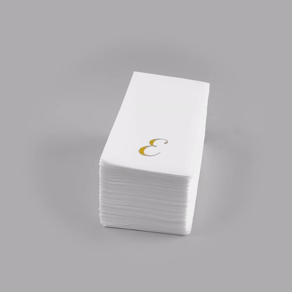 Luxenap Rectangle Gold Letter E White Paper Linen-Feel Guest Towel / Napkin - Air Laid, Cursive Font - 15 3/4" x 8" - 2000 count box