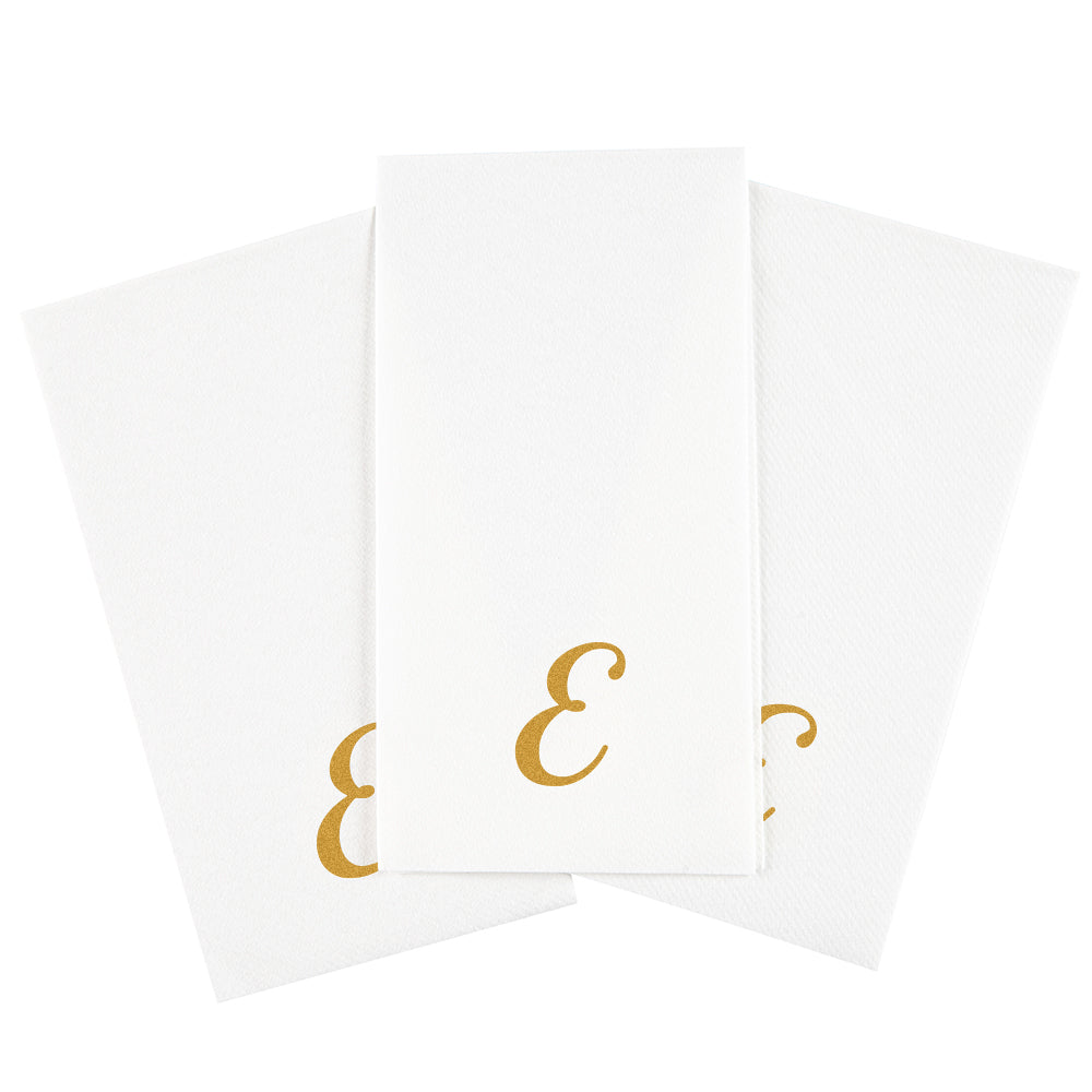 Luxenap Rectangle Gold Letter E White Paper Linen-Feel Guest Towel / Napkin - Air Laid, Cursive Font - 15 3/4" x 8" - 2000 count box