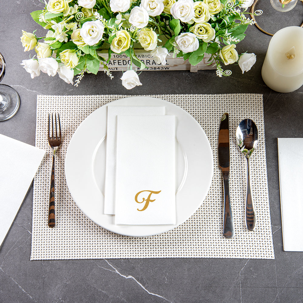 Luxenap Rectangle Gold Letter F White Paper Linen-Feel Guest Towel / Napkin - Air Laid, Cursive Font - 15 3/4" x 8" - 2000 count box
