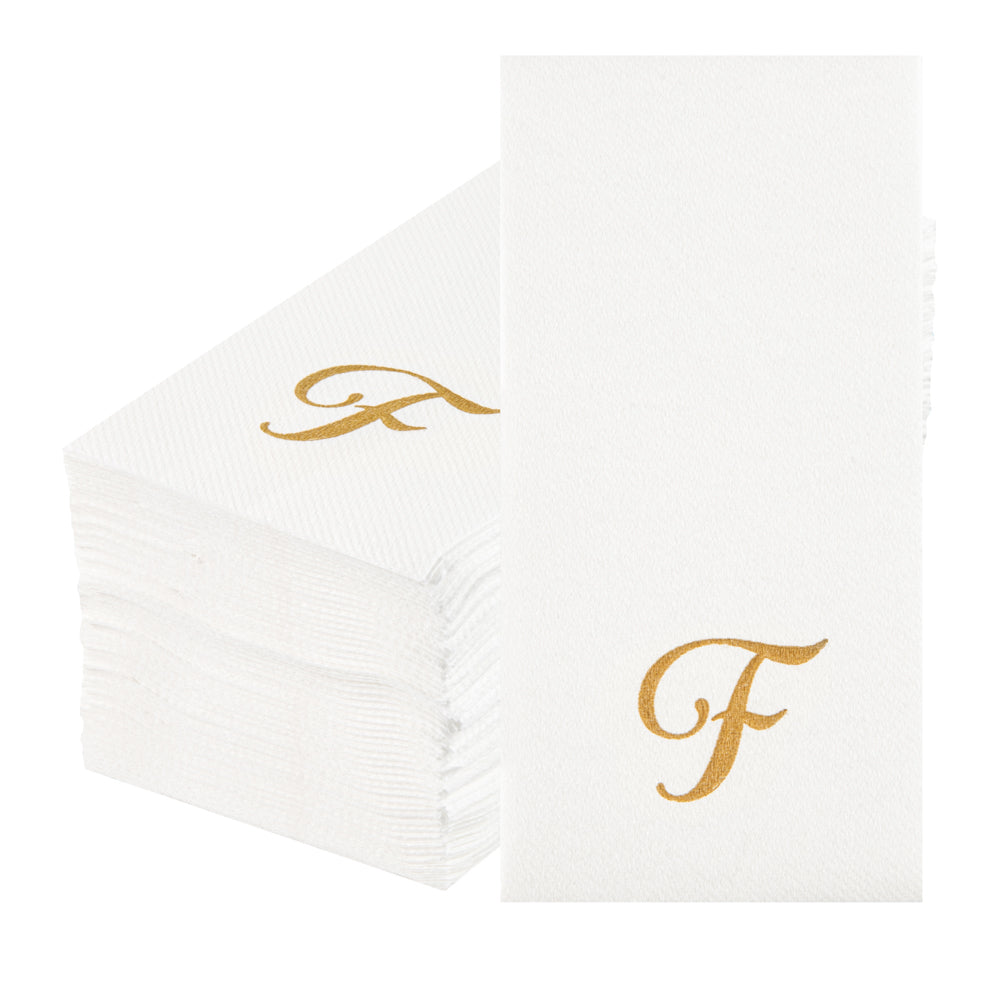 Luxenap Rectangle Gold Letter F White Paper Linen-Feel Guest Towel / Napkin - Air Laid, Cursive Font - 15 3/4" x 8" - 50 count box