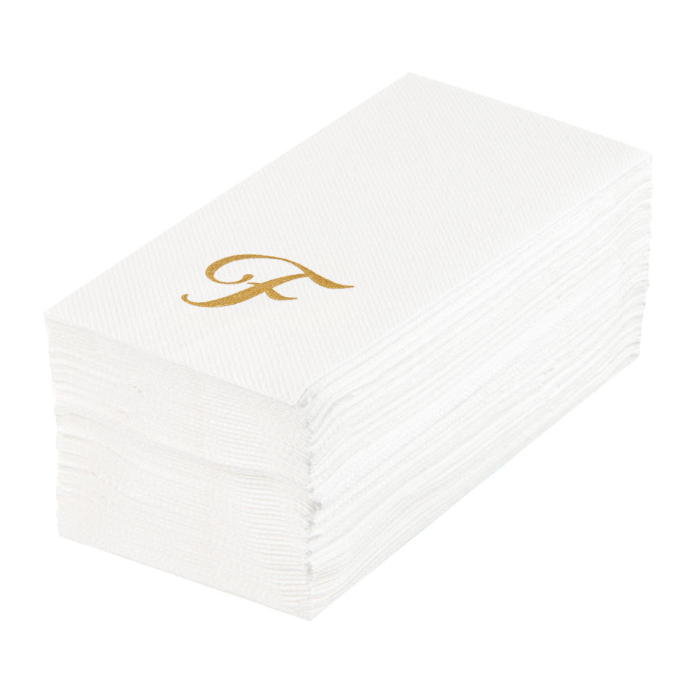 Luxenap Rectangle Gold Letter F White Paper Linen-Feel Guest Towel / Napkin - Air Laid, Cursive Font - 15 3/4" x 8" - 50 count box