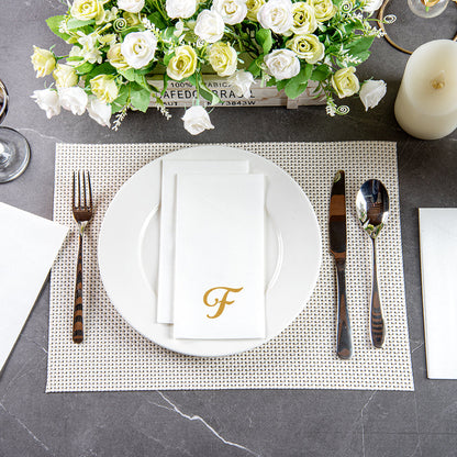 Luxenap Rectangle Gold Letter F White Paper Linen-Feel Guest Towel / Napkin - Air Laid, Cursive Font - 15 3/4" x 8" - 50 count box