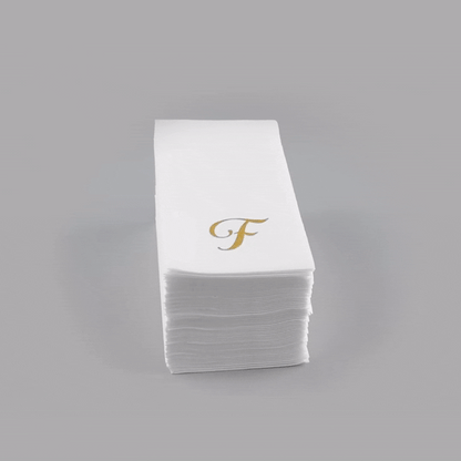 Luxenap Rectangle Gold Letter F White Paper Linen-Feel Guest Towel / Napkin - Air Laid, Cursive Font - 15 3/4" x 8" - 50 count box