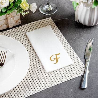 Luxenap Rectangle Gold Letter F White Paper Linen-Feel Guest Towel / Napkin - Air Laid, Cursive Font - 15 3/4" x 8" - 2000 count box