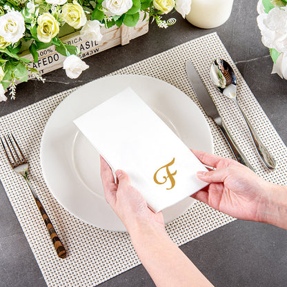 Luxenap Rectangle Gold Letter F White Paper Linen-Feel Guest Towel / Napkin - Air Laid, Cursive Font - 15 3/4" x 8" - 2000 count box
