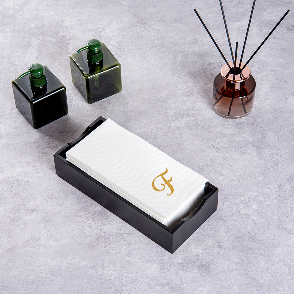 Luxenap Rectangle Gold Letter F White Paper Linen-Feel Guest Towel / Napkin - Air Laid, Cursive Font - 15 3/4" x 8" - 2000 count box