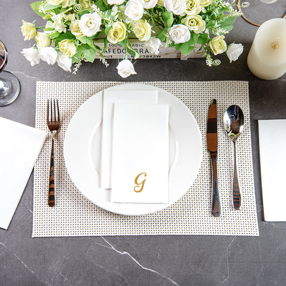 Luxenap Rectangle Gold Letter G White Paper Linen-Feel Guest Towel / Napkin - Air Laid, Cursive Font - 15 3/4" x 8" - 2000 count box