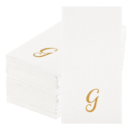 Luxenap Rectangle Gold Letter G White Paper Linen-Feel Guest Towel / Napkin - Air Laid, Cursive Font - 15 3/4" x 8" - 50 count box