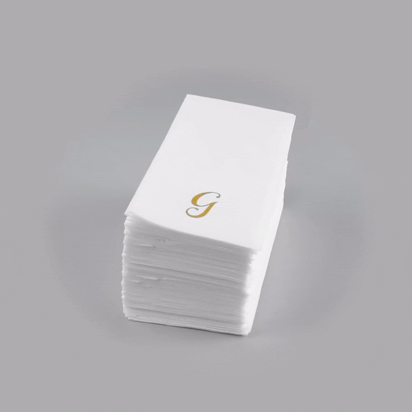 Luxenap Rectangle Gold Letter G White Paper Linen-Feel Guest Towel / Napkin - Air Laid, Cursive Font - 15 3/4" x 8" - 50 count box