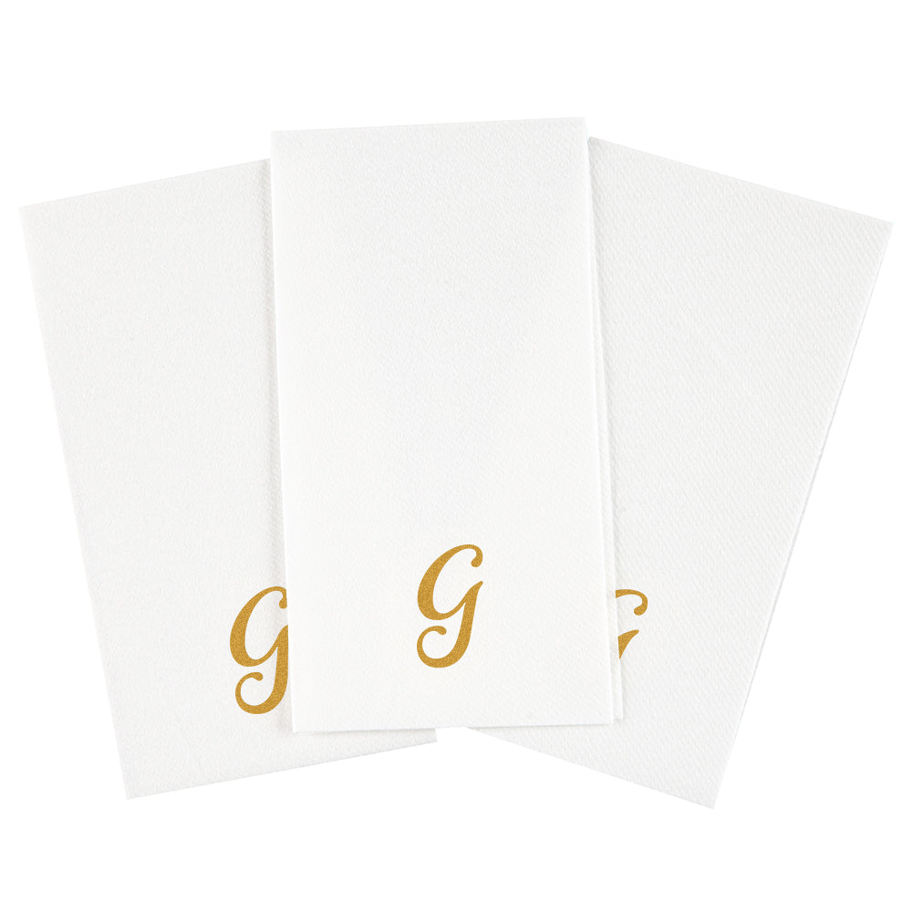 Luxenap Rectangle Gold Letter G White Paper Linen-Feel Guest Towel / Napkin - Air Laid, Cursive Font - 15 3/4" x 8" - 50 count box