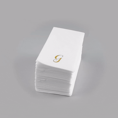 Luxenap Rectangle Gold Letter G White Paper Linen-Feel Guest Towel / Napkin - Air Laid, Cursive Font - 15 3/4" x 8" - 2000 count box