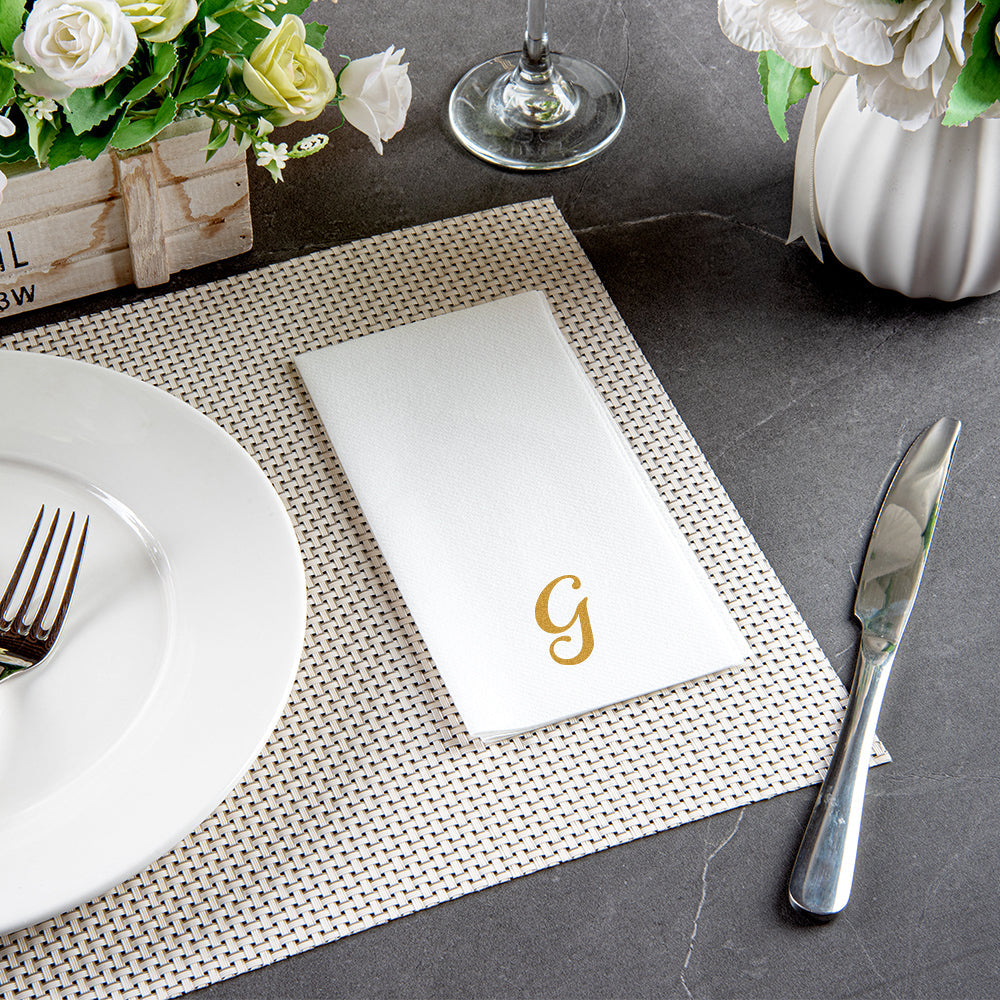 Luxenap Rectangle Gold Letter G White Paper Linen-Feel Guest Towel / Napkin - Air Laid, Cursive Font - 15 3/4" x 8" - 2000 count box