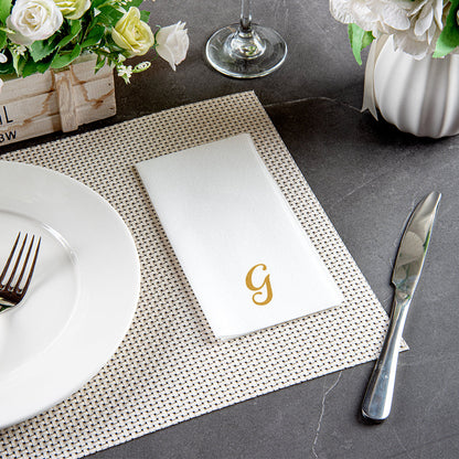 Luxenap Rectangle Gold Letter G White Paper Linen-Feel Guest Towel / Napkin - Air Laid, Cursive Font - 15 3/4" x 8" - 2000 count box
