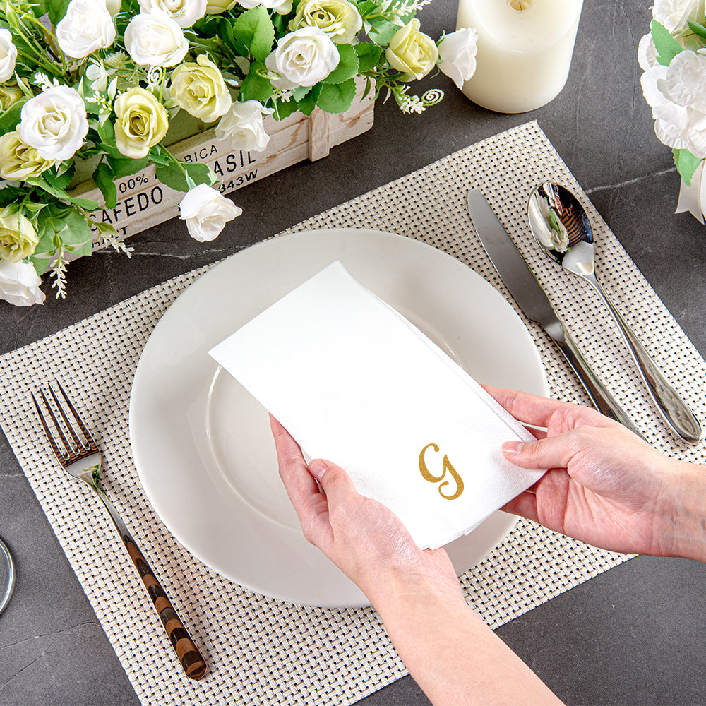 Luxenap Rectangle Gold Letter G White Paper Linen-Feel Guest Towel / Napkin - Air Laid, Cursive Font - 15 3/4" x 8" - 2000 count box
