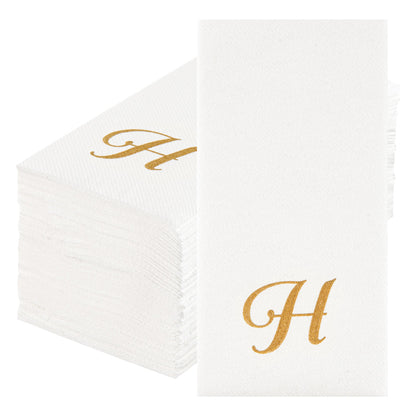 Luxenap Rectangle Gold Letter H White Paper Linen-Feel Guest Towel / Napkin - Air Laid, Cursive Font - 15 3/4" x 8" - 50 count box