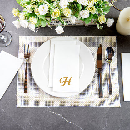 Luxenap Rectangle Gold Letter H White Paper Linen-Feel Guest Towel / Napkin - Air Laid, Cursive Font - 15 3/4" x 8" - 50 count box