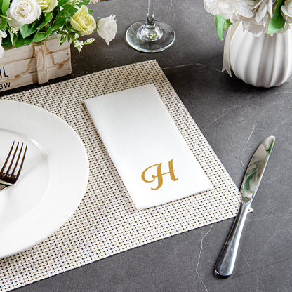 Luxenap Rectangle Gold Letter H White Paper Linen-Feel Guest Towel / Napkin - Air Laid, Cursive Font - 15 3/4" x 8" - 2000 count box