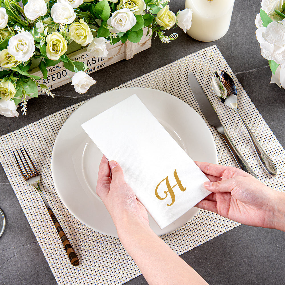 Luxenap Rectangle Gold Letter H White Paper Linen-Feel Guest Towel / Napkin - Air Laid, Cursive Font - 15 3/4" x 8" - 2000 count box