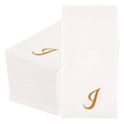 Luxenap Rectangle Gold Letter I White Paper Linen-Feel Guest Towel / Napkin - Air Laid, Cursive Font - 15 3/4" x 8" - 2000 count box