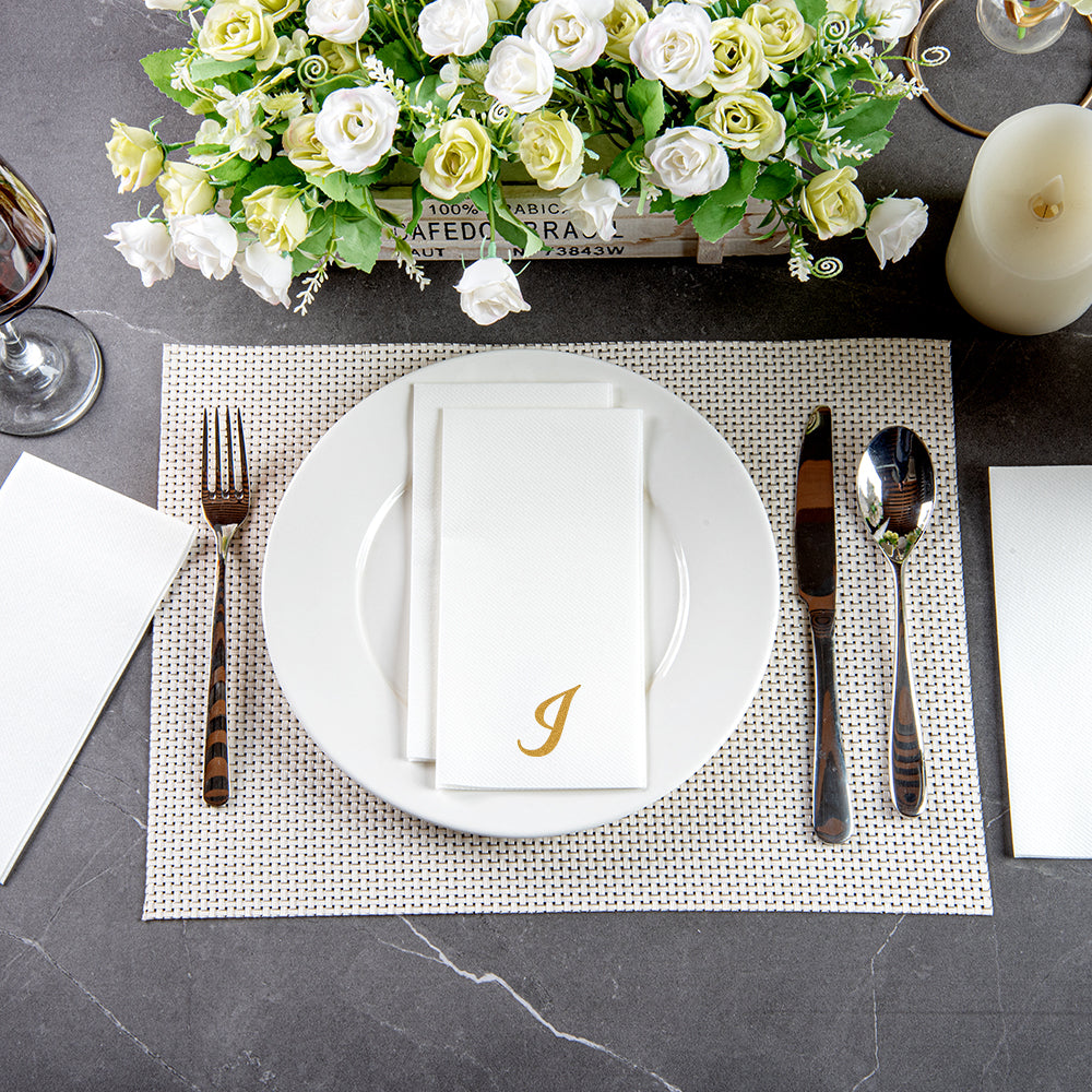 Luxenap Rectangle Gold Letter I White Paper Linen-Feel Guest Towel / Napkin - Air Laid, Cursive Font - 15 3/4" x 8" - 2000 count box