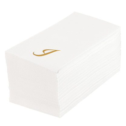 Luxenap Rectangle Gold Letter I White Paper Linen-Feel Guest Towel / Napkin - Air Laid, Cursive Font - 15 3/4" x 8" - 50 count box