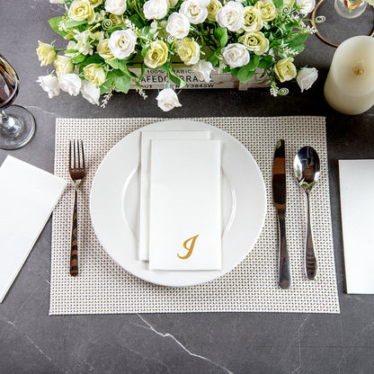Luxenap Rectangle Gold Letter I White Paper Linen-Feel Guest Towel / Napkin - Air Laid, Cursive Font - 15 3/4" x 8" - 50 count box