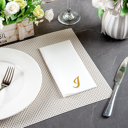 Luxenap Rectangle Gold Letter I White Paper Linen-Feel Guest Towel / Napkin - Air Laid, Cursive Font - 15 3/4" x 8" - 50 count box