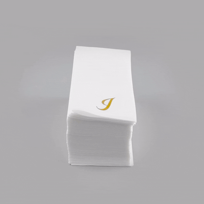Luxenap Rectangle Gold Letter I White Paper Linen-Feel Guest Towel / Napkin - Air Laid, Cursive Font - 15 3/4" x 8" - 2000 count box