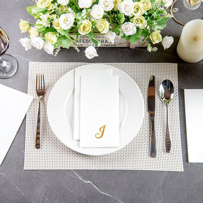 Luxenap Rectangle Gold Letter J White Paper Linen-Feel Guest Towel / Napkin - Air Laid, Cursive Font - 15 3/4" x 8" - 2000 count box