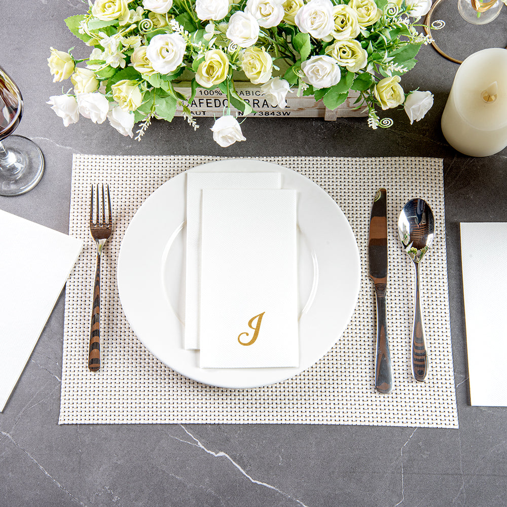 Luxenap Rectangle Gold Letter J White Paper Linen-Feel Guest Towel / Napkin - Air Laid, Cursive Font - 15 3/4" x 8" - 50 count box