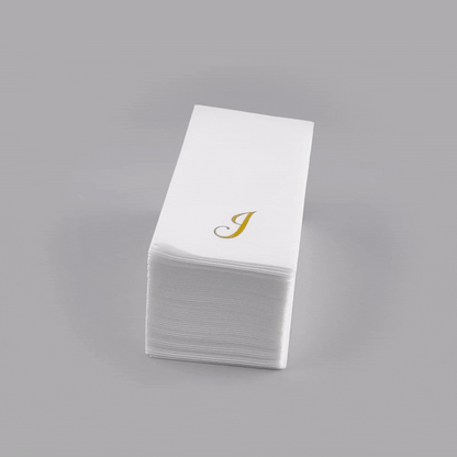 Luxenap Rectangle Gold Letter J White Paper Linen-Feel Guest Towel / Napkin - Air Laid, Cursive Font - 15 3/4" x 8" - 50 count box