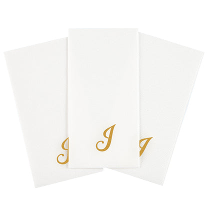Luxenap Rectangle Gold Letter J White Paper Linen-Feel Guest Towel / Napkin - Air Laid, Cursive Font - 15 3/4" x 8" - 50 count box