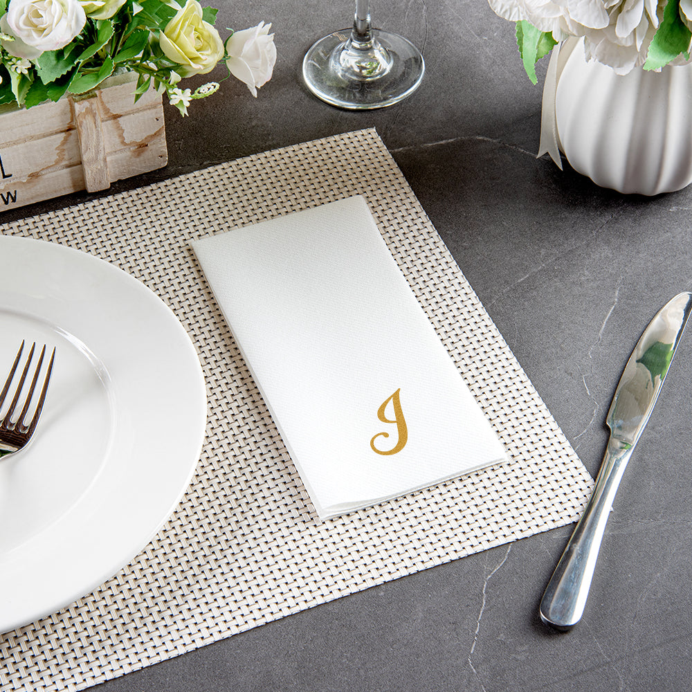 Luxenap Rectangle Gold Letter J White Paper Linen-Feel Guest Towel / Napkin - Air Laid, Cursive Font - 15 3/4" x 8" - 50 count box