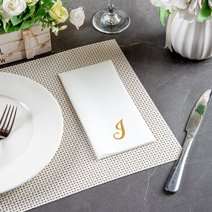 Luxenap Rectangle Gold Letter J White Paper Linen-Feel Guest Towel / Napkin - Air Laid, Cursive Font - 15 3/4" x 8" - 50 count box