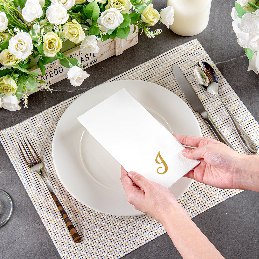 Luxenap Rectangle Gold Letter J White Paper Linen-Feel Guest Towel / Napkin - Air Laid, Cursive Font - 15 3/4" x 8" - 50 count box