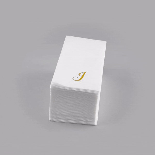 Luxenap Rectangle Gold Letter J White Paper Linen-Feel Guest Towel / Napkin - Air Laid, Cursive Font - 15 3/4" x 8" - 2000 count box