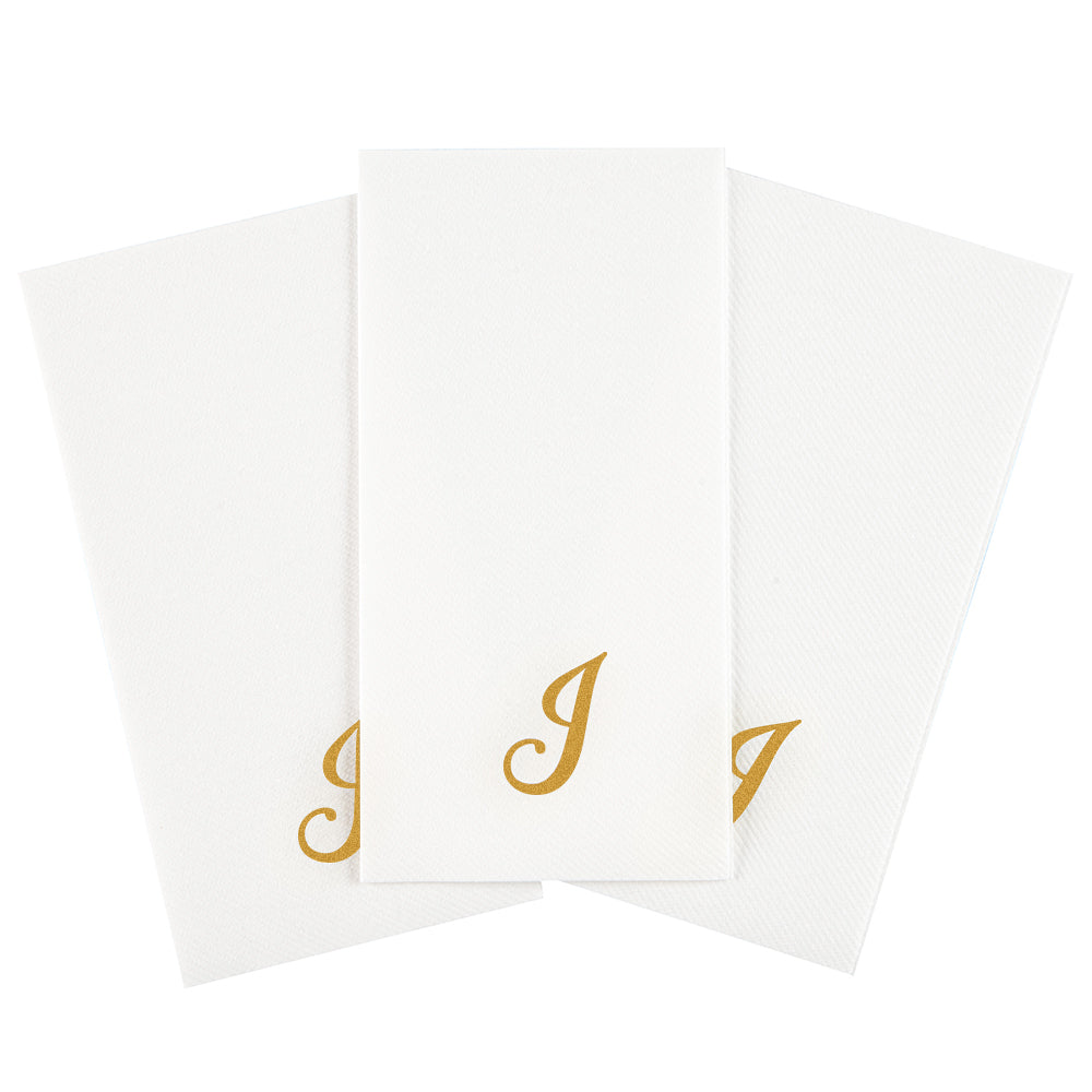 Luxenap Rectangle Gold Letter J White Paper Linen-Feel Guest Towel / Napkin - Air Laid, Cursive Font - 15 3/4" x 8" - 2000 count box