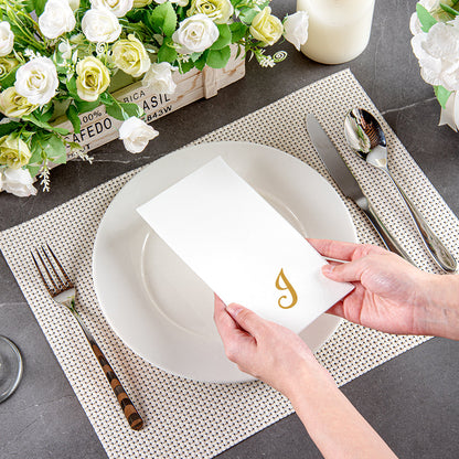 Luxenap Rectangle Gold Letter J White Paper Linen-Feel Guest Towel / Napkin - Air Laid, Cursive Font - 15 3/4" x 8" - 2000 count box