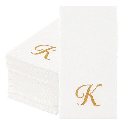 Luxenap Rectangle Gold Letter K White Paper Linen-Feel Guest Towel / Napkin - Air Laid, Cursive Font - 15 3/4" x 8" - 50 count box