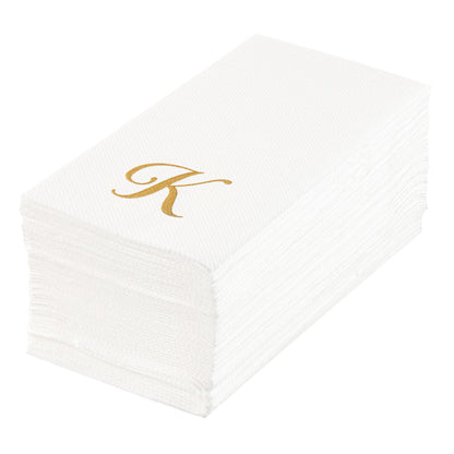 Luxenap Rectangle Gold Letter K White Paper Linen-Feel Guest Towel / Napkin - Air Laid, Cursive Font - 15 3/4" x 8" - 50 count box