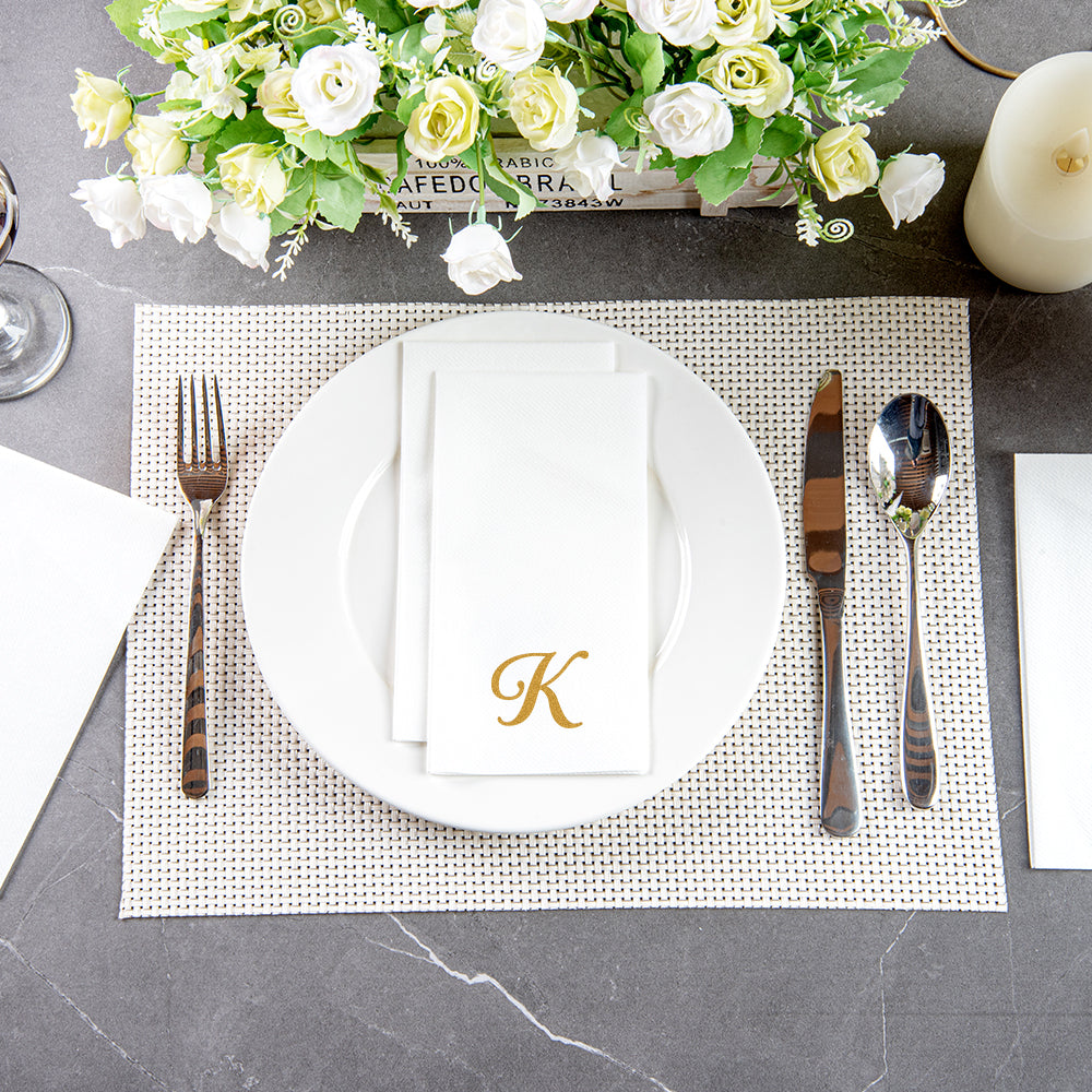 Luxenap Rectangle Gold Letter K White Paper Linen-Feel Guest Towel / Napkin - Air Laid, Cursive Font - 15 3/4" x 8" - 50 count box