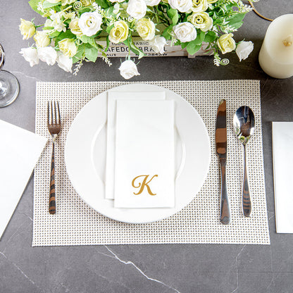 Luxenap Rectangle Gold Letter K White Paper Linen-Feel Guest Towel / Napkin - Air Laid, Cursive Font - 15 3/4" x 8" - 50 count box