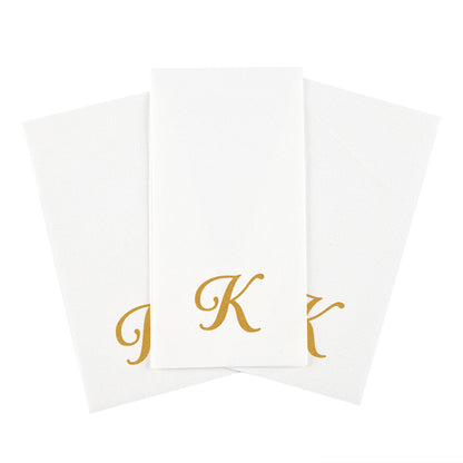 Luxenap Rectangle Gold Letter K White Paper Linen-Feel Guest Towel / Napkin - Air Laid, Cursive Font - 15 3/4" x 8" - 50 count box